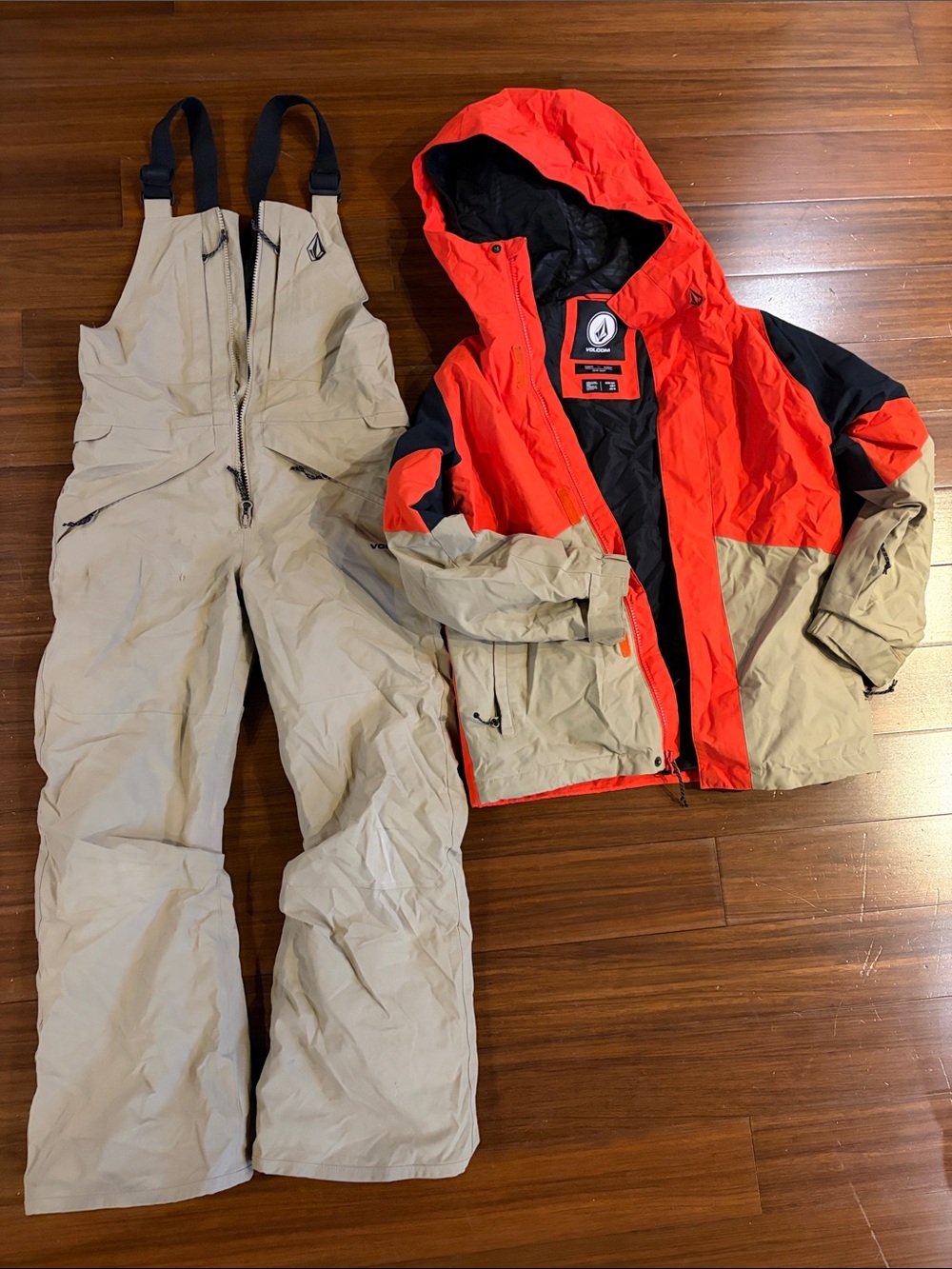 Volcom Kids Red and Tan Snow Jacket with Matching Bib Pants